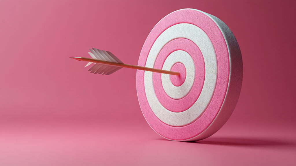 A vibrant pink target with a dart embedded, symbolizing focus and achieving goals in a creative and playful way.